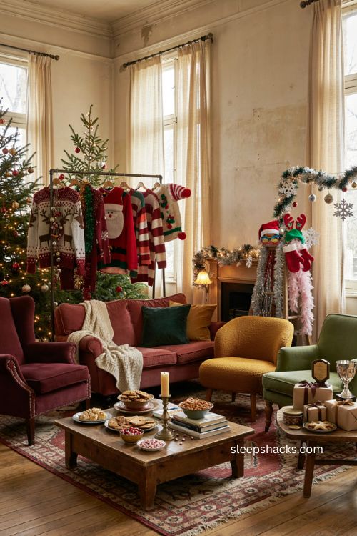 Ugly Christmas sweater party ideas for adults with festive photo booth decor 