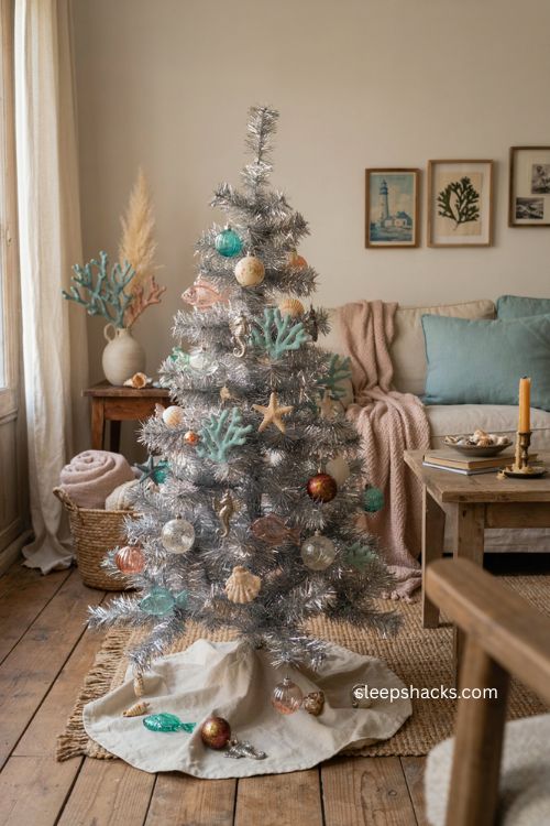 Under the sea Christmas tree with turquoise blush fish shells coral and silver tinsel