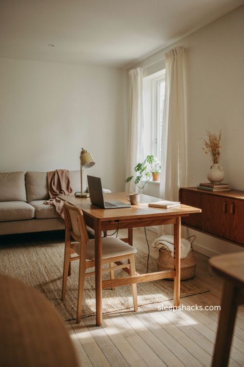 Under the stairs desk nook with warm wood and cozy home office design