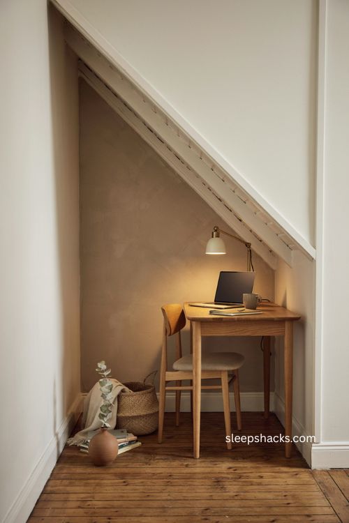 Under the stairs desk nook with warm wood and cozy home office design