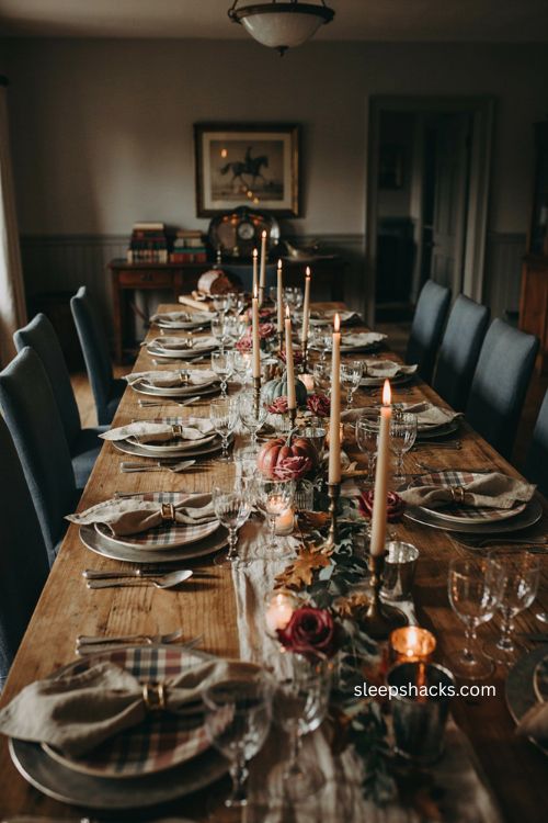 Understated candlelit Ralph Lauren Thanksgiving table with silver crystal and warm country house decor 
