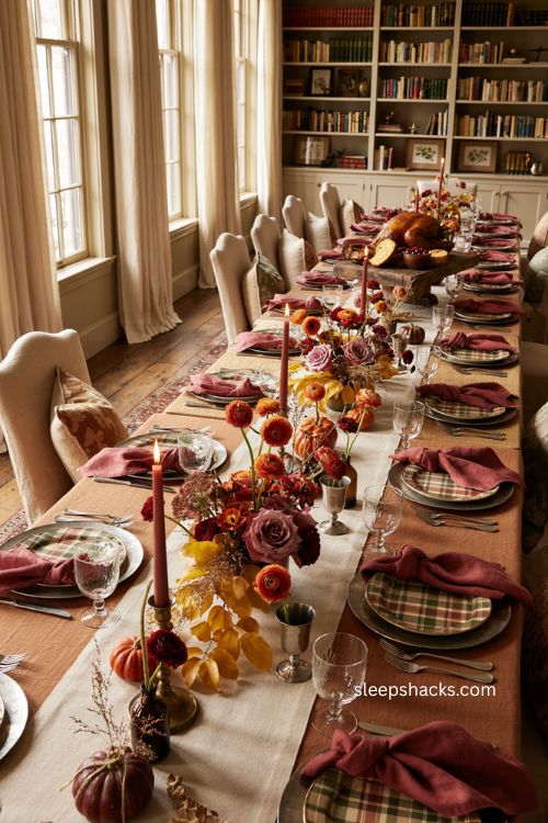 Unexpected raspberry and orange Thanksgiving table with Ralph Lauren country house decor and seasonal flowers