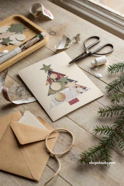 Upcycled magazine collage Christmas card ideas with handmade paper crafts
