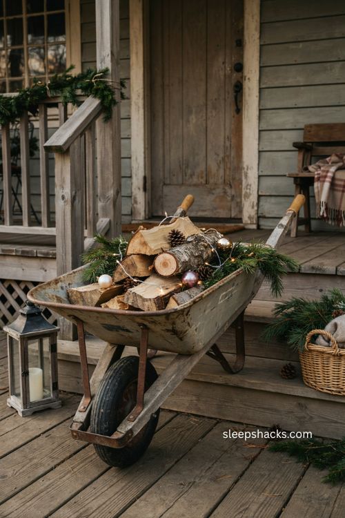 Upcycled wheelbarrow Christmas vignette for rustic porch decor 
