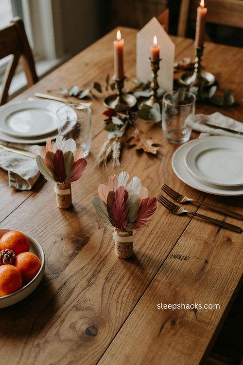Upcycled wine cork turkey feather Thanksgiving place cards 