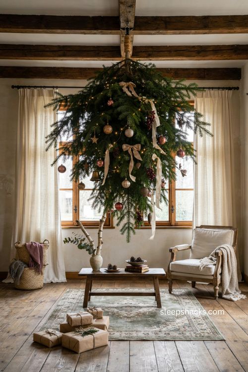 Upside down christmas tree hanging from the ceiling for unique holiday decor 