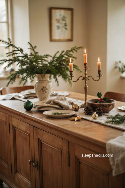 Vases candelabras and serving dishes Christmas sideboard decor for a festive dining room