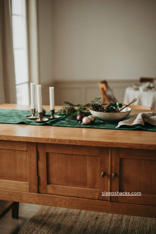 Velvet Christmas sideboard decor with evergreen and cozy layered textures