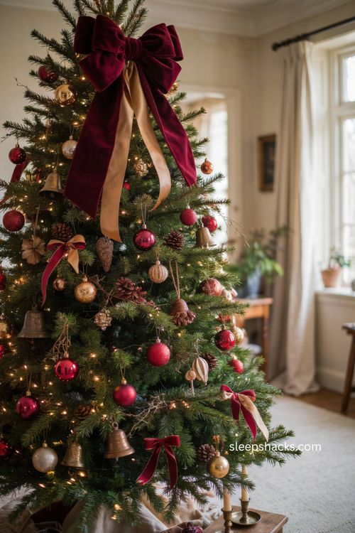Velvet and satin mixed bow Christmas tree topper with red and gold ribbon 
