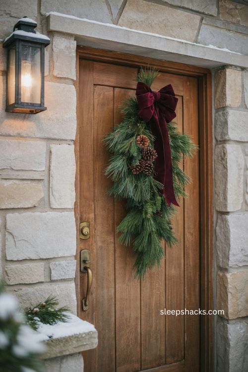 Velvet bow Christmas door swag with pine branches and natural pinecones