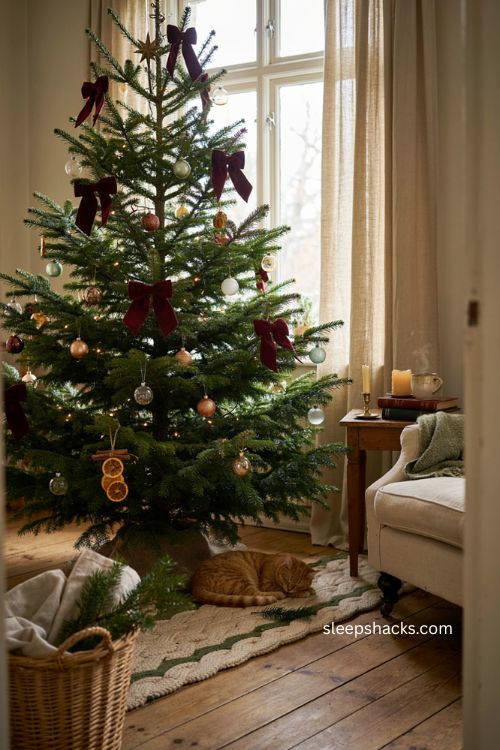 Velvet bows on Christmas tree for a cozy holiday look 