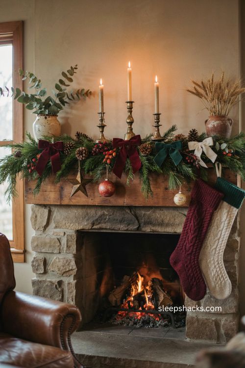 Velvet bows on a Christmas fireplace mantel with lush evergreen garland