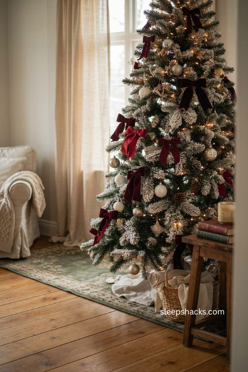 Velvet bows on flocked Christmas tree with snowy white branches 