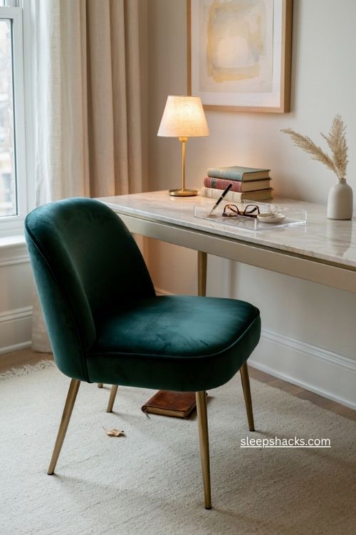Velvet desk chair with brass legs in a glamorous home office 