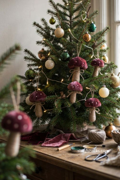 Velvet mushroom ornaments diy woodland Christmas tree decor 