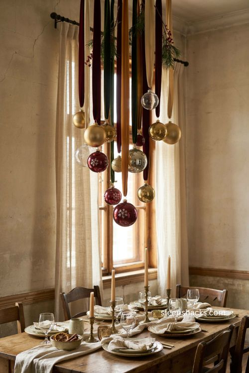 Velvet ribbon Christmas ornaments hanging from ceiling 