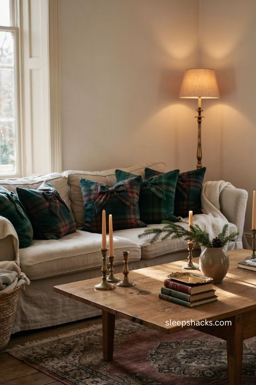 Velvet tartan bow pillows elegant Christmas living room sofa decor