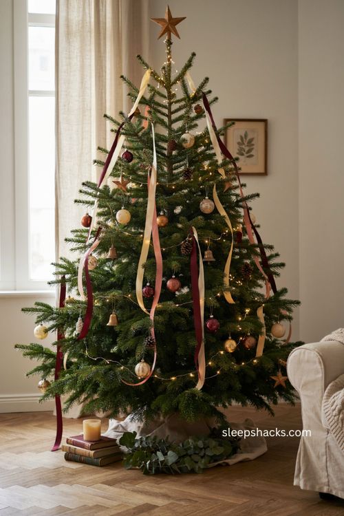 Vertical cascade Christmas tree ribbon with flowing long strands