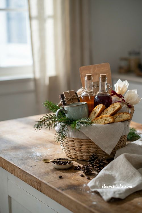 Christmas coffee lover gift basket ideas with coffee beans mug and treats 
