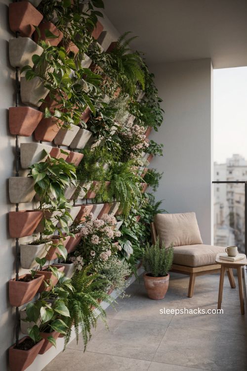 Vertical garden modern balcony ideas with wall planters and lush greenery