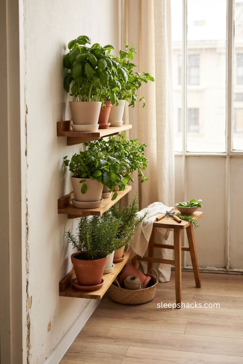 Vertical herb garden wall with basil mint and rosemary for a small closed balcony