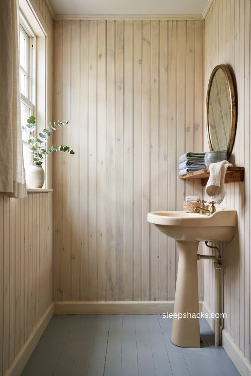 Vertical shiplap walls in a rustic small bathroom for a taller look