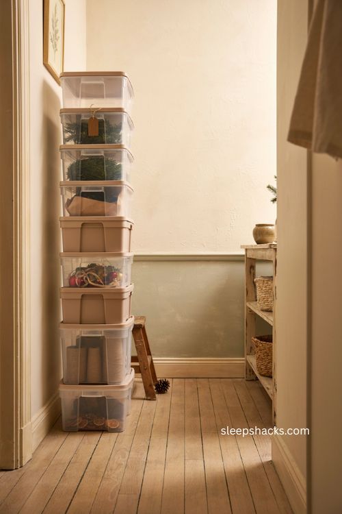 Vertical stacking Christmas storage bins for small closets and garages 