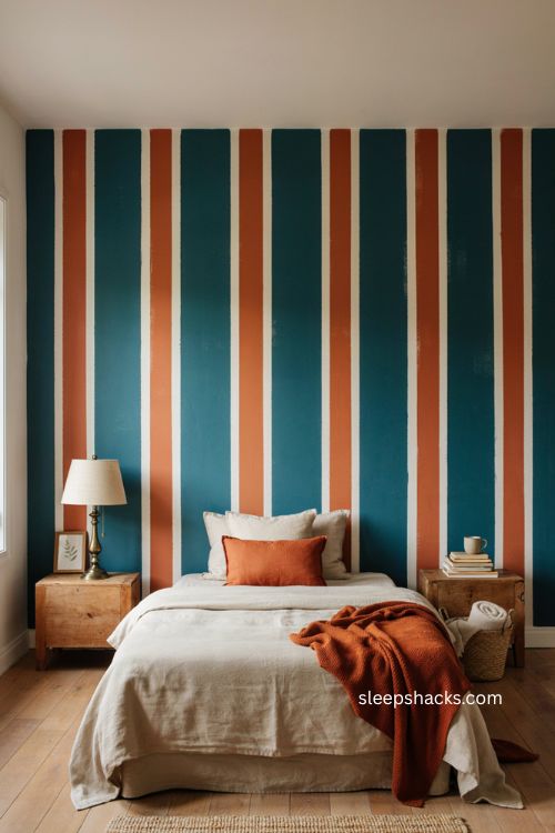 Vertical teal and orange striped bedroom wall behind the bed