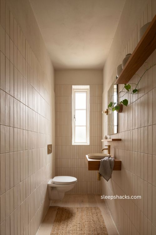 Vertical tile pattern ideas for a narrow toilet room to make it feel taller 