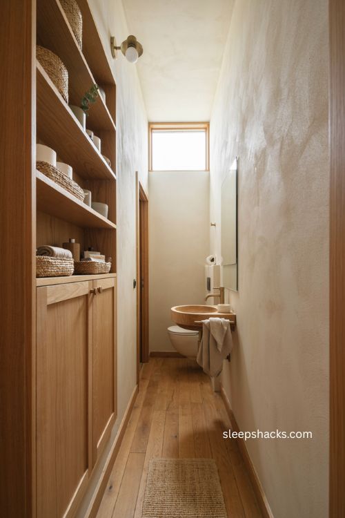 Vertical wall storage ideas for a narrow toilet room with woven baskets 