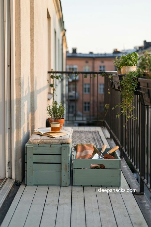 Very small balcony decor with crate seating and hidden storage 