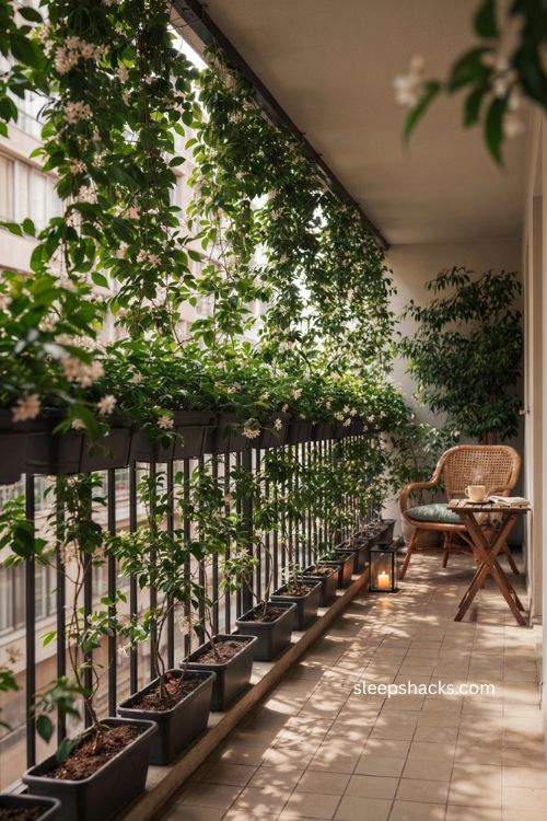 Very small balcony decor with greenery covered railing and planters