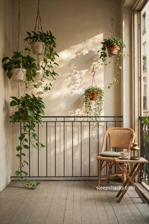 Very small balcony decor with hanging plants and vertical greenery