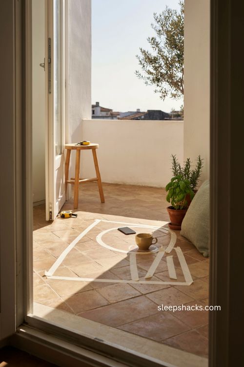 Very small balcony decor with measured furniture layout and compact space