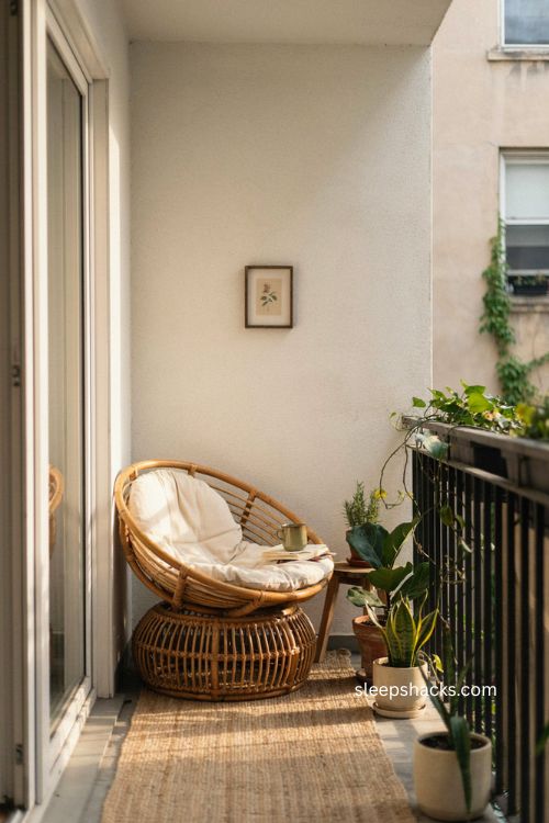 Very small balcony decor with one statement rattan chair 