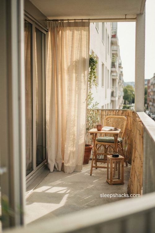 Very small balcony decor with outdoor privacy curtain and bamboo screen