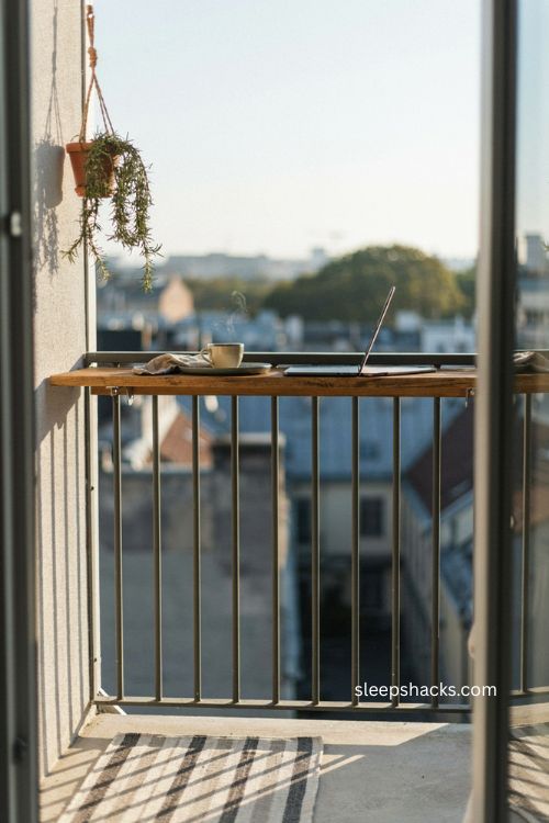 Very small balcony decor with railing bar shelf 