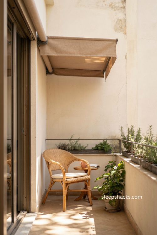 Very small balcony decor with retractable awning for shade 