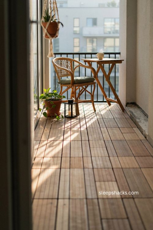 Very small balcony decor with warm interlocking wood deck tiles