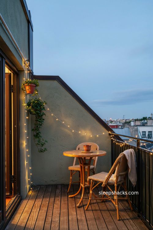 Very small balcony decor with warm white string lights at night