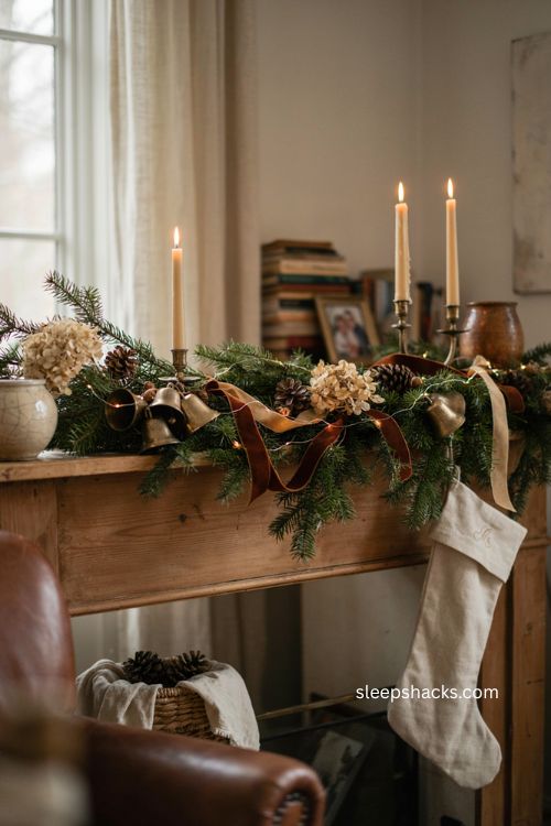 Vintage Christmas bells with brown and gold ribbon on a cozy mantel garland