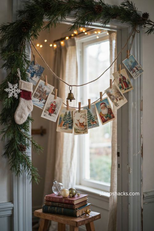 Vintage Christmas card display with illustrated holiday cards and cozy nostalgic decor 