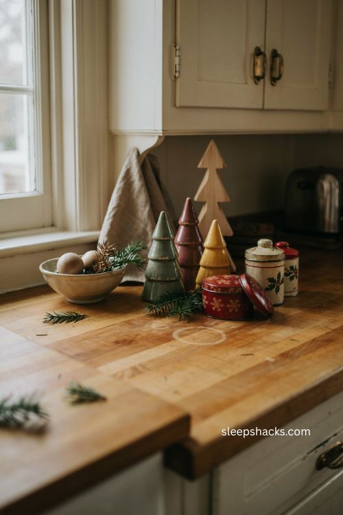 Vintage Christmas ceramic trees and retro canisters on a cozy kitchen counter 