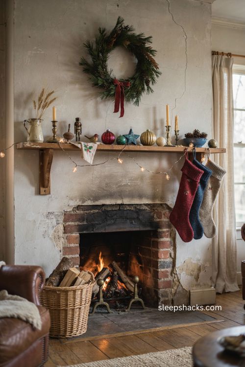 Vintage Christmas chimney decor with colorful ornaments and old wreath