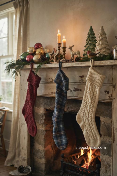 Vintage Christmas decor on a nostalgic fireplace mantel with old ornaments and ceramic trees