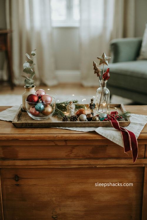 A straight-on eye-level interior photography shot of a warmly lived-in living room centered around a full traditional Christmas tree where a single traditional plaid ribbon is woven loosely and naturally throughout the evergreen branches, visually connecting a beautifully mismatched collection of vintage ornaments into one cohesive yet collected display, nostalgic vintage Christmas style with cozy cottage and farmhouse character, a warm palette of deep cranberry red, forest green, creamy ivory, muted burgundy, touches of navy, antique gold, aged silver, and natural wood, key details including a softly textured plaid ribbon with traditional woven reds, greens, cream, burgundy, and subtle navy threads flowing gently through the branches rather than being tightly wrapped, simple vintage glass baubles in faded colors, carved wooden figures, small brass and painted metal bells, delicate ceramic ornaments, aged silver pieces, natural pinecones, red berries, and a few understated heirloom decorations, the ribbon appearing repeatedly at different depths to guide the eye naturally from branch to branch while allowing every ornament style to remain individually visible, a simple relaxed bow positioned at the very top of the tree instead of an elaborate topper, warm white string lights tucked among the branches, a weathered wooden side table, woven basket, old ceramic vessel, and subtle rustic holiday accents around the base, varied ornament shapes, materials, and finishes creating the authentic feeling of a tree assembled and loved over many years rather than purchased as a matching set, soft winter daylight filtering through nearby curtains combined with warm white Christmas lights, calm unhurried illumination revealing the woven ribbon fibers, glass reflections, worn wood grain, metallic patina, ceramic texture, evergreen needles, pinecone details, and tiny imperfections in crisp detail, a deeply cozy and nostalgic atmosphere where the familiar plaid pattern creates visual continuity, aged textures add warmth and history, and the simple ribbon quietly ties together an eclectic collection into a charming traditional Christmas tree filled with lasting character, no people, no text, no watermarks, no blur, no bokeh, all surfaces in sharp focus, photorealistic, 4K resolution, editorial interior photography, Pinterest-worthy