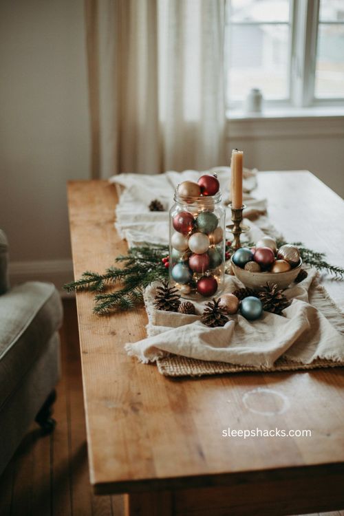 Vintage Christmas ornaments in glass jars and bowls for a small living room centerpiece 