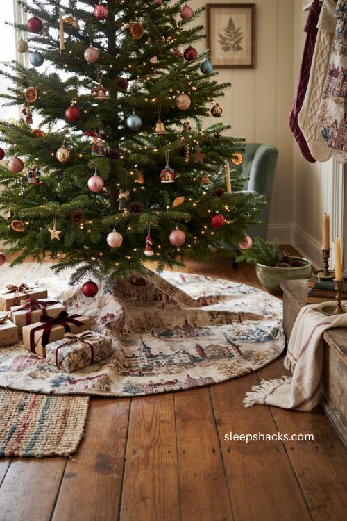 Vintage Christmas tree skirt with nostalgic print and cozy holiday decor 
