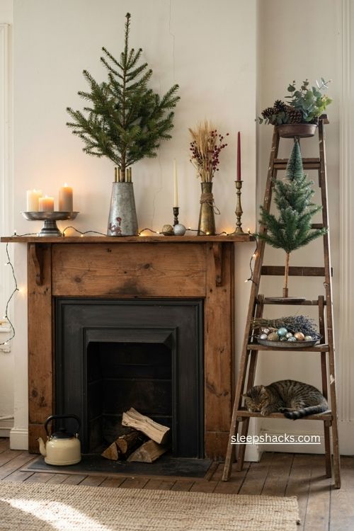 Vintage Christmas tree stand collection with candles pinecones mini trees and rustic holiday decor 