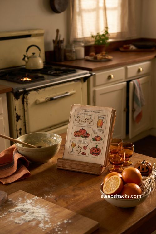 Vintage Halloween cookbook propped open near a cozy farmhouse kitchen stove 
